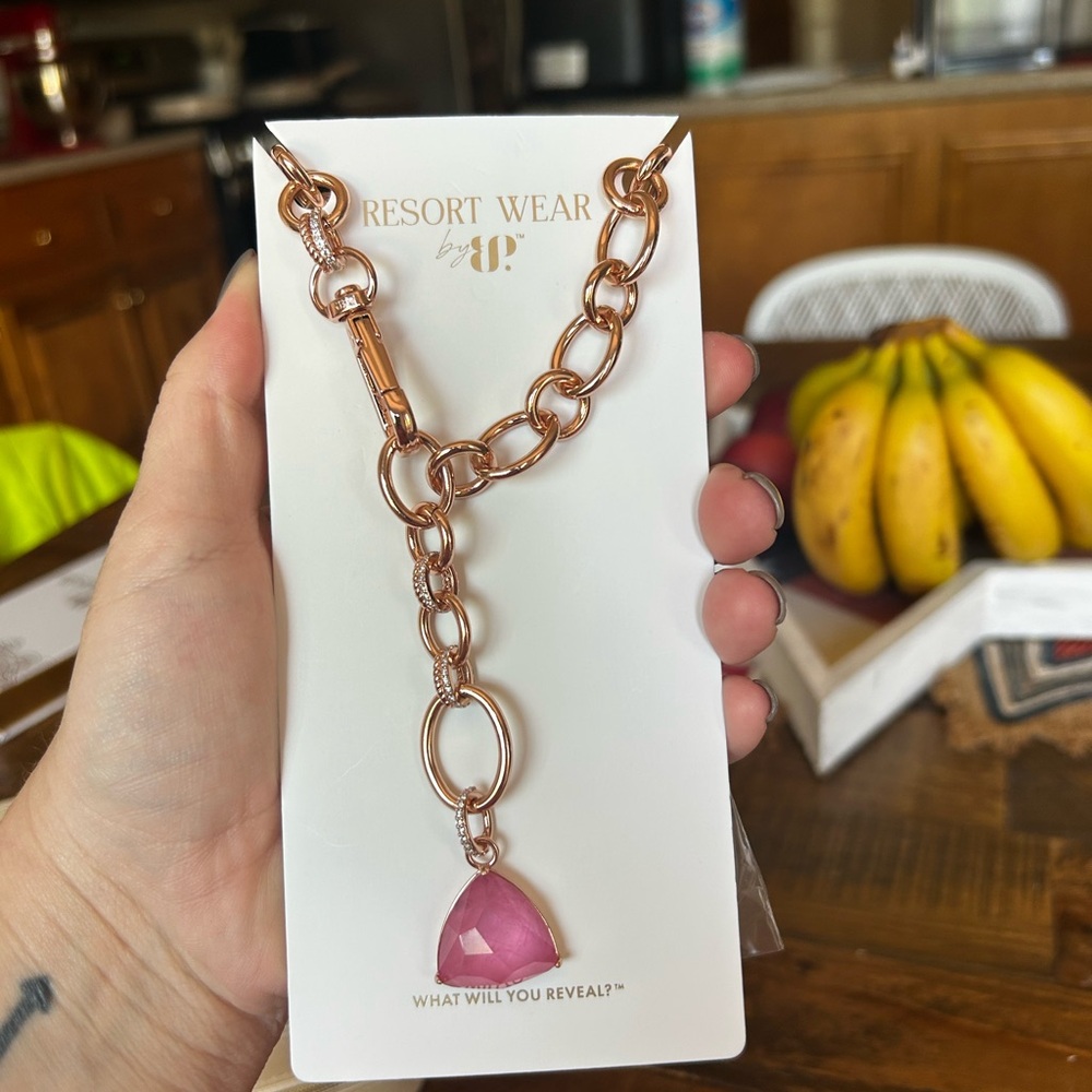 Gold and Pink Chunky Necklace with Crystal Pendant
